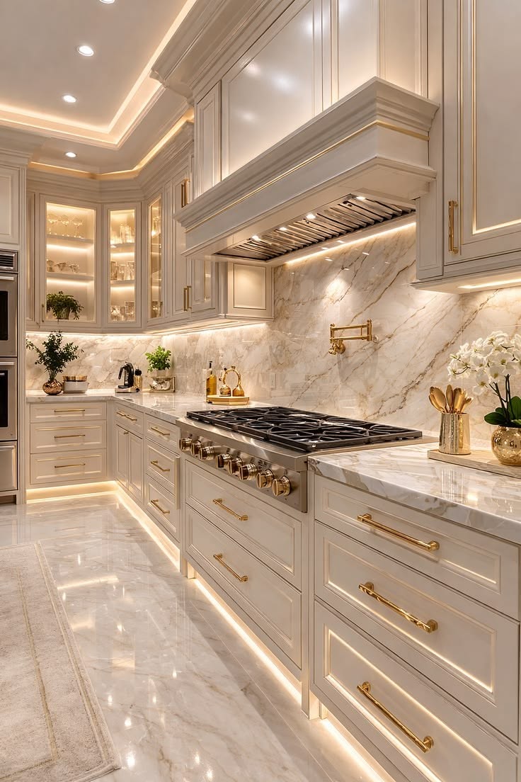 Luxury cream and gold kitchen with marble backsplash